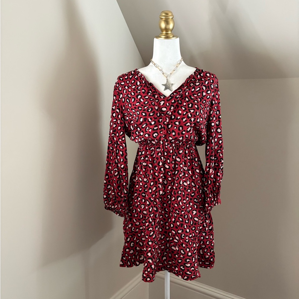 Old Navy Red and Black Patterned Long Sleeve Dress
